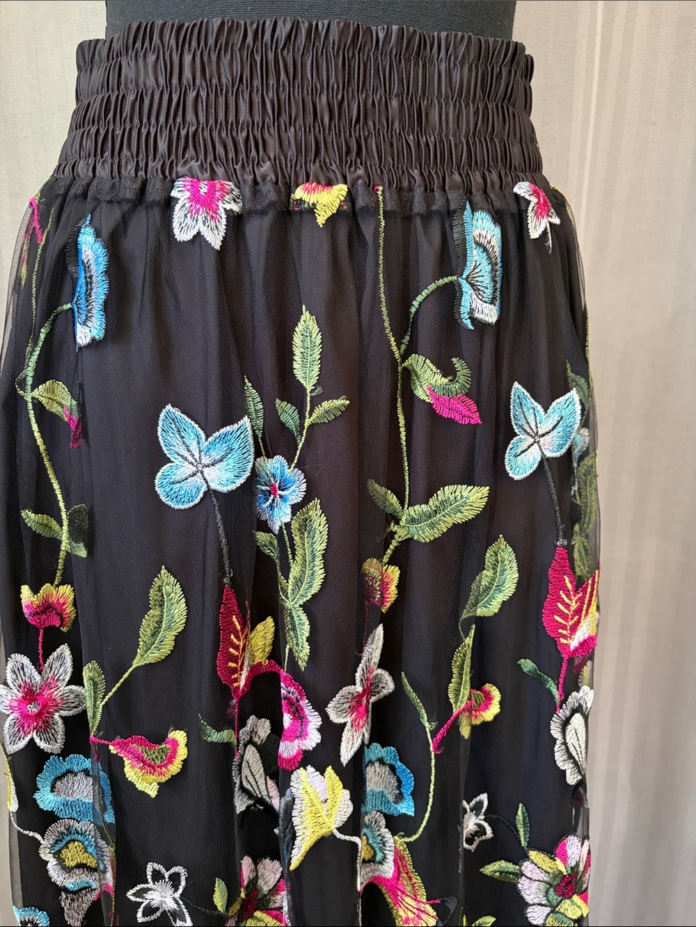 Black Floral Embroidered Maxi Skirt w/Black Mini Skirt Lining - Picture 3 of 6